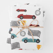 Blauw & Rood Snelle Retro  Racing Auto's Inpakpapier Vel (In situ)