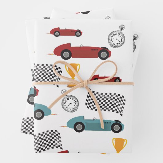 Blauw & Rood Snelle Retro  Racing Auto's Inpakpapier Vel (In situ)