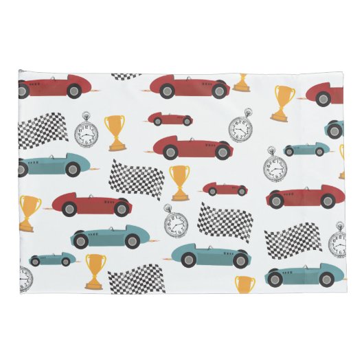 Blauw & Rood Snelle Retro  Racing Auto's Kussensloop (Achterkant-Rechts)