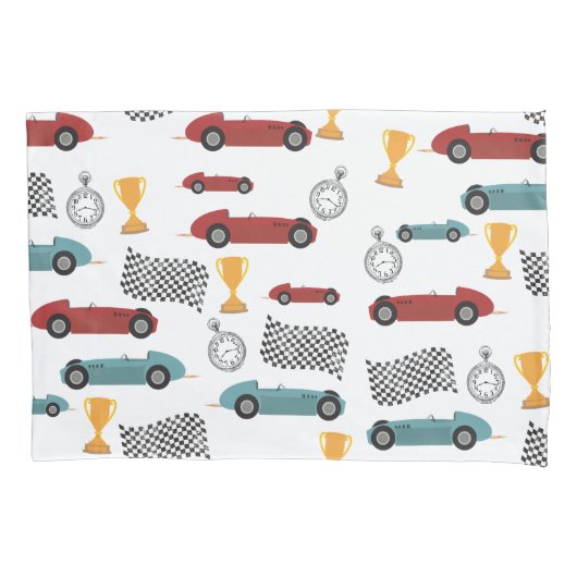 Blauw & Rood Snelle Retro Racing Auto's Kussensloop (Voorkant-Links)