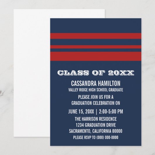 Blauw/rood streep Afstuderen uitnodigen Kaart (Voorkant / Achterkant)