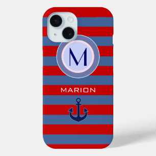 blauw & rood Strepen & Anker Monogrammed iPhone 15 Case