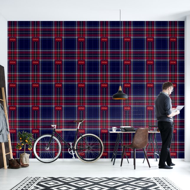 Blauw Rood Tartan Monogram in Keltische Leeuw lett Behang (Woonkamer)