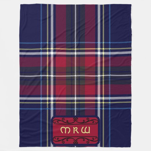 Blauw Rood Tartan Monogram in Keltische Leeuw lett Fleece Deken (Voorkant)