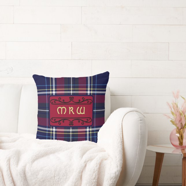 Blauw Rood Tartan Monogram in Keltische Leeuw lett Kussen (Bank)