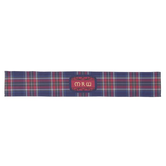 Blauw Rood Tartan Monogram in Keltische Leeuw lett Lange Tafelloper (Horizontaal)