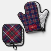 Blauw Rood Tartan Monogram in Keltische Leeuw lett Ovenwant & Pannenlap Set (Voorkant / Achterkant)