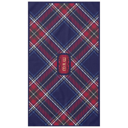 Blauw Rood Tartan Monogram in Keltische Leeuw lett Tafelkleed (Voorkant)