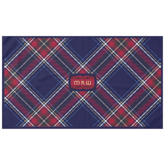 Blauw Rood Tartan Monogram in Keltische Leeuw lett Tafelkleed (Voorkant (Horizontaal))