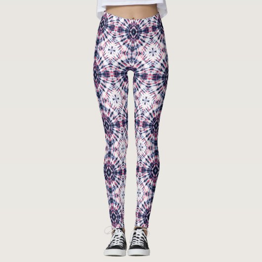 Blauw & Rood Tie Kleurstofpatroon Leggings (Voorkant)