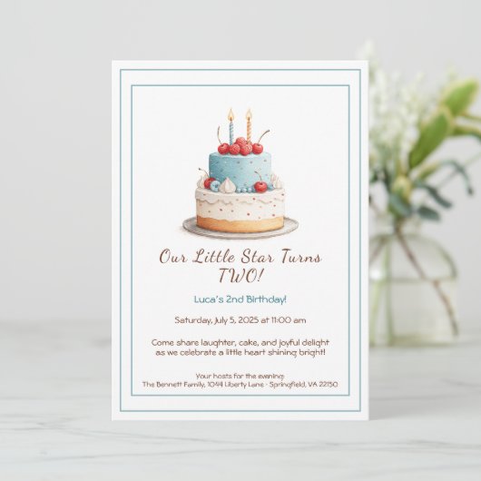 Blauw & Rood Verjaardagstaart – Uitnodiging 2e Ver (Staand voorkant)