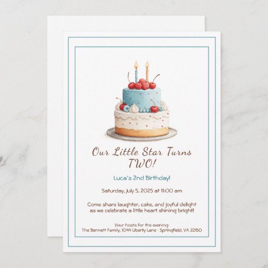 Blauw & Rood Verjaardagstaart – Uitnodiging 2e Ver (Voorkant / Achterkant)