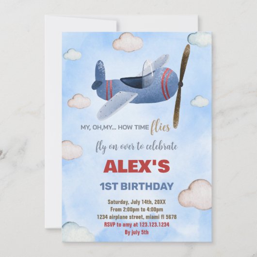 Blauw Rood Vliegtuig Verjaardag Uitnodigingen (Voorkant)
