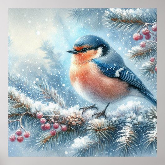 Blauw rood vogel- en winterlandschap 8 poster (Voorkant)
