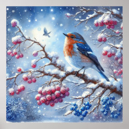 Blauw rood vogel- en winterlandschap 9 poster