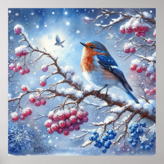 Blauw rood vogel- en winterlandschap 9 poster (Voorkant)