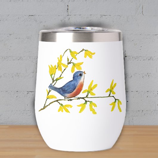 Blauw Rood Vogel op Tak Geel Bloemen
