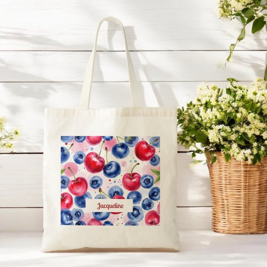 Blauw Rood Vruchten Berry Cherry Patroon Tote Bag