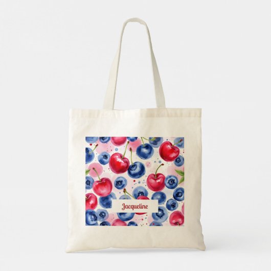 Blauw Rood Vruchten Berry Cherry Patroon Tote Bag (Achterkant)
