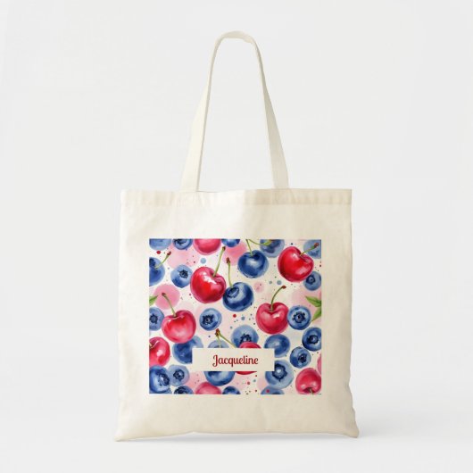 Blauw Rood Vruchten Berry Cherry Patroon Tote Bag (Voorkant)
