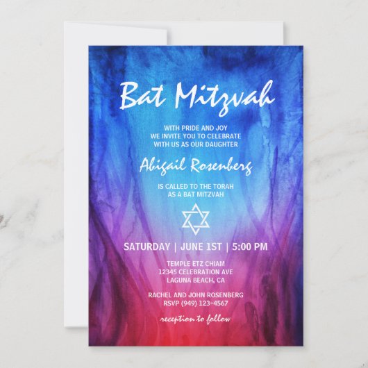 Blauw Rood Vuur en Ijs | Davidster Bat Mitzvah Kaart (Voorkant)