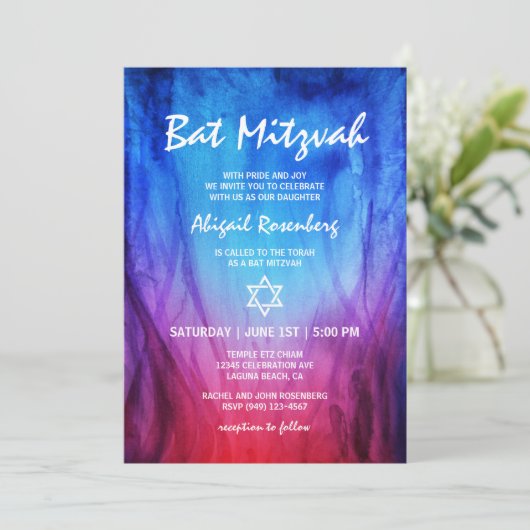 Blauw Rood Vuur en Ijs | Davidster Bat Mitzvah Kaart (Staand voorkant)