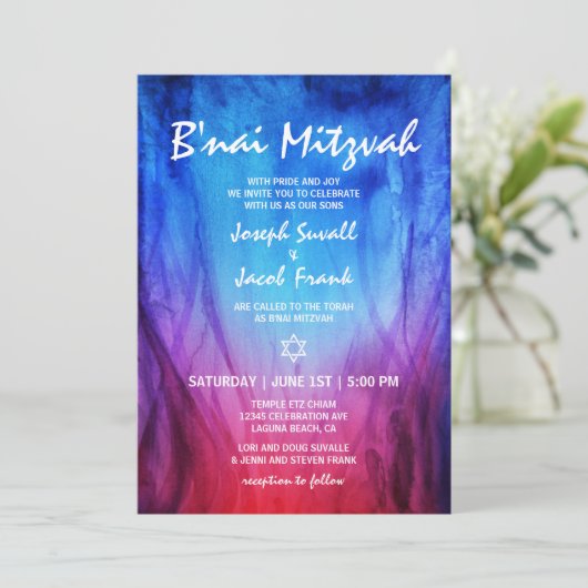 Blauw Rood Vuur Ijs |  Davidster B'nai Mitzvah Kaart (Staand voorkant)