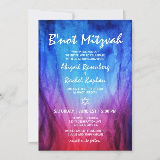 Blauw rood vuurijs | Ster van David B'not Mitzvah Kaart (Voorkant)