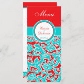 Blauw Rood Wit Bloemen Damast Menu Kaart (Voorkant / Achterkant)