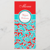 Blauw Rood Wit Bloemen Damast Menu Kaart (Voorkant)