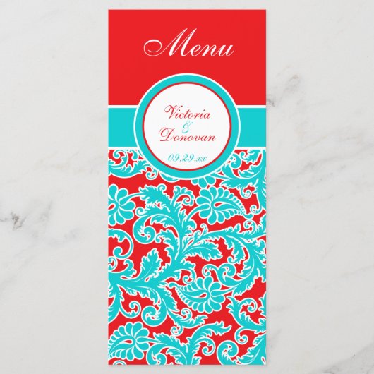 Blauw Rood Wit Bloemen Damast Menu Kaart (Voorkant)