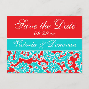 Blauw Rood Wit Damask Save the Date Briefkaart