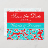 Blauw Rood Wit Damask Save the Date Briefkaart (Voorkant / Achterkant)