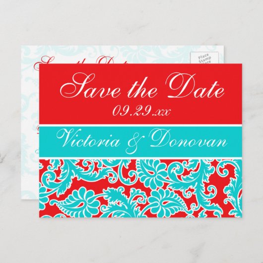 Blauw Rood Wit Damask Save the Date Briefkaart (Voorkant / Achterkant)