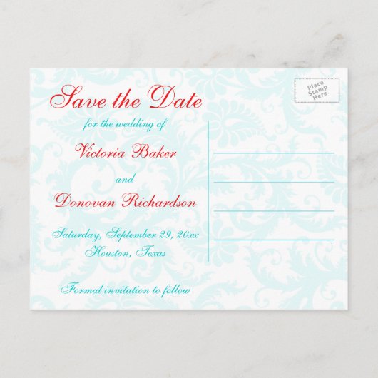 Blauw Rood Wit Damask Save the Date Briefkaart (Achterkant)