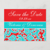 Blauw Rood Wit Damask Save the Date Briefkaart (Voorkant)