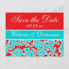 Blauw Rood Wit Damask Save the Date Briefkaart
