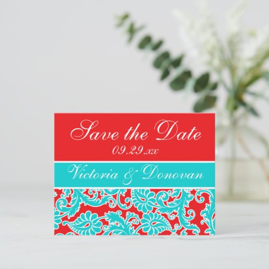 Blauw Rood Wit Damask Save the Date Briefkaart (Staand voorkant)