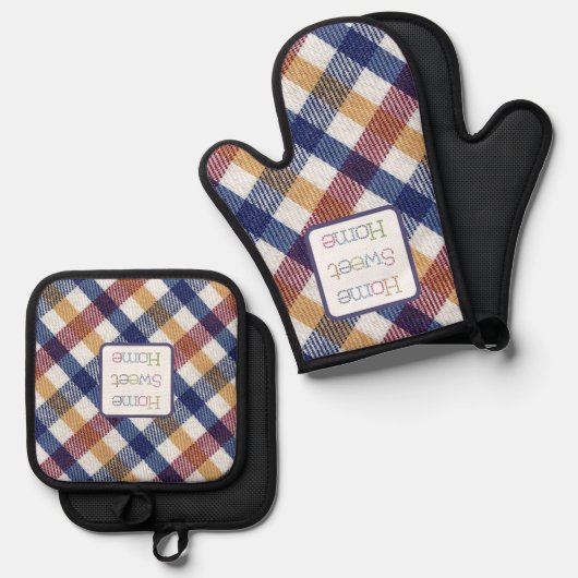 Blauw Rood Wit Goud Home Sweet Home Ovenwant & Pannenlap Set (Voorkant / Achterkant)