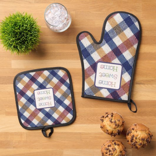 Blauw Rood Wit Goud Home Sweet Home Ovenwant & Pannenlap Set (Top down)