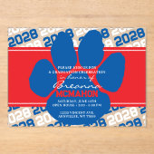 Blauw, Rood & Wit Pawprint Afstuderen Frosted Acryl Uitnodigingen (Voorkant)