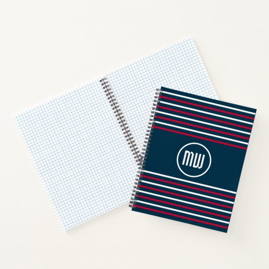 Blauw Rood Wit Streep Nautisch Monogram Notitieboek (Binnen)