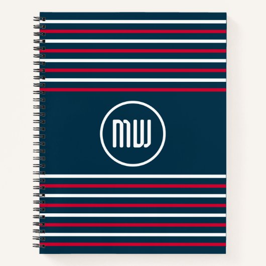 Blauw Rood Wit Streep Nautisch Monogram Notitieboek (Voorkant)