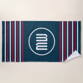 Blauw Rood Wit Streep Nautisch Monogram Strandlaken (Voorkant)