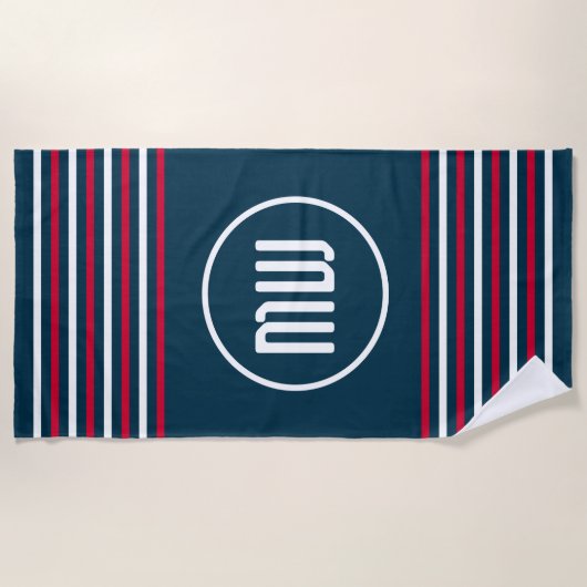 Blauw Rood Wit Streep Nautisch Monogram Strandlaken (Voorkant)