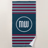 Blauw Rood Wit Streep Nautisch Monogram Strandlaken (Voorkant)