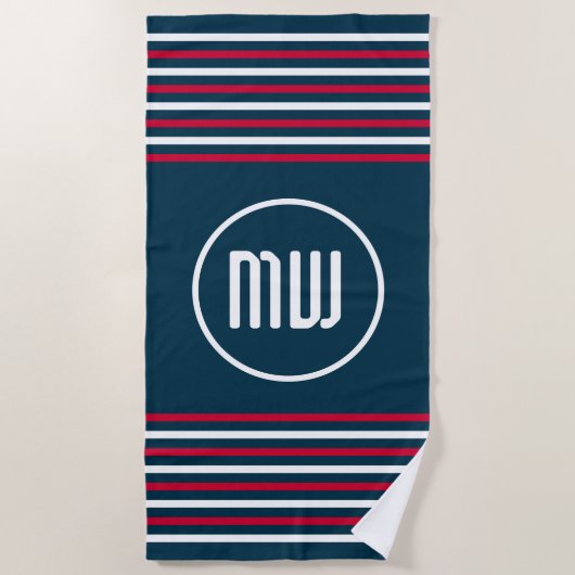 Blauw Rood Wit Streep Nautisch Monogram Strandlaken (Voorkant)