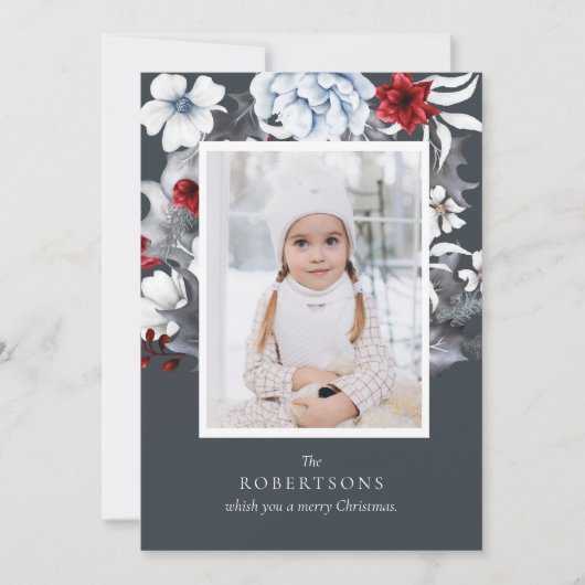 Blauw Rood Wit Vakantie Botanische Kerstmis Kaart (Voorkant)