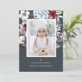 Blauw Rood Wit Vakantie Botanische Kerstmis Kaart (Staand voorkant)