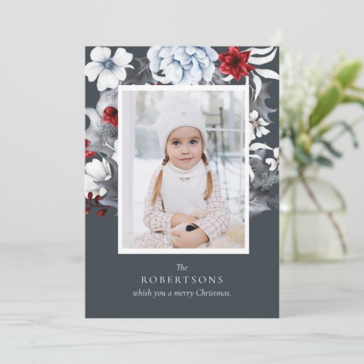 Blauw Rood Wit Vakantie Botanische Kerstmis Kaart (Staand voorkant)